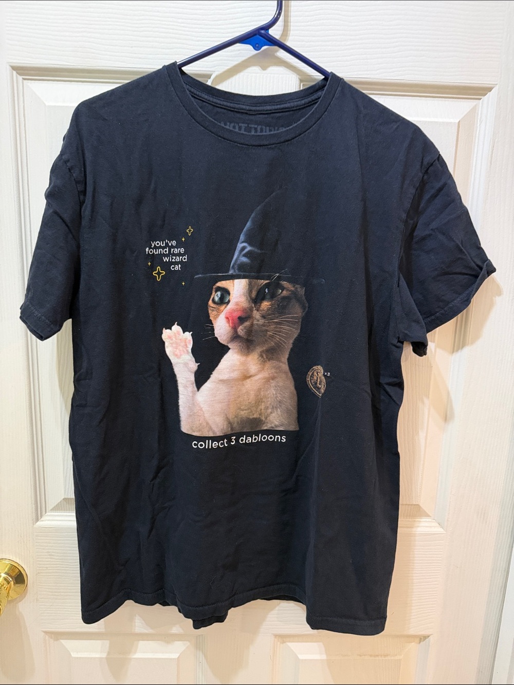 Hot Topic Black Wizard Cat Graphic Tee with Pink-Nosed Cat
